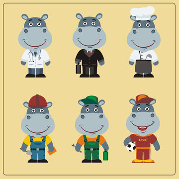 Set of hippo in different costumes: builder, sportsman, worker, a doctor, manager, cook. Collection of hippopotamus in clothes in cartoon style.
