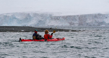 Two kayakers in a red kayak at Yankee Harbor, Antarctica with Gentoo penguin, skua and ice cliffs in background © Sharon Jones