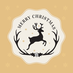 Reindeer christmas wreath with text, “Merry Christmas”. Stylish seasonal greeting cardor gift tag.  Cute xmas concept badge. Vector illustration. Background with snowflakes.
