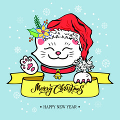 Funny Merry Christmas&Happy New Year card and hand drawn Merry Christmas lettering, Maneki Neko cat with Santa Claus hat. Vector illustration isolated on blue background. Postcard, invitation motive.