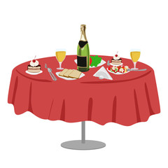 Restaurant or cafe table with bottle of wine, plate of salads and cake