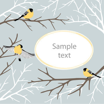 Card with birds on tree twigs. Pastel color gamut, winter narural decor. Vector illustration.