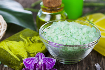 Spa treatments on a wooden table.