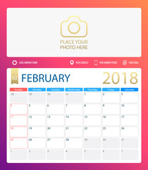 FEBRUARY 2018, illustration vector calendar or desk planner, weeks start on Sunday