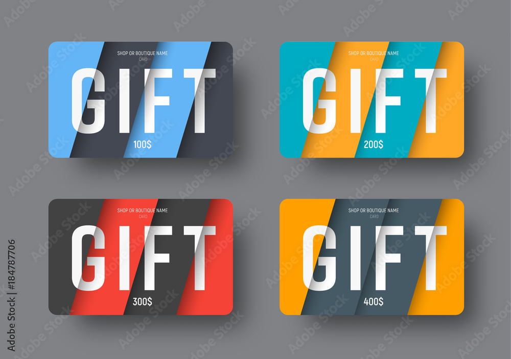 Poster Set of vector gift cards in a modern style of material design with soaring diagonal sheets of paper over the background