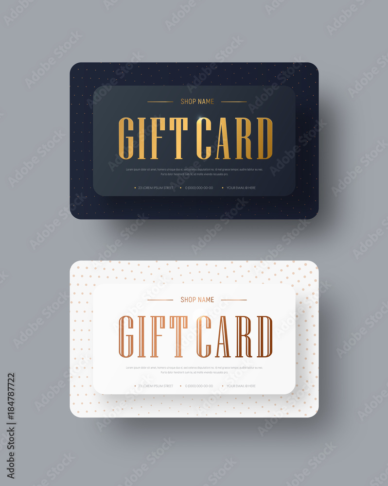 Poster vector black and white gift card design with gold text and dots on background.