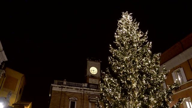 night view of Christmas tree with ancient clock tower in the background