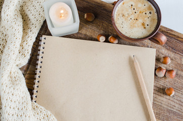 Day at home with coffee and blank notebook.