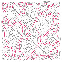 Fototapeta na wymiar Vector hand drawn Valentine pink red hearts background. Love doodles sketch.