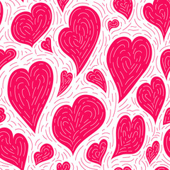 Vector hand drawn Valentine pink red hearts seamless pattern. Love doodles 