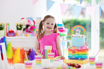 Fototapeta premium Kids birthday party. Little girl with cake.