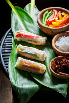 Closeup of raw spring rolls with indiegrends