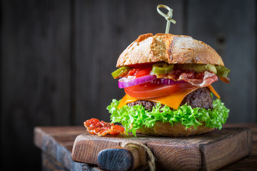 Spicy hamburger with lettuce, beef and cheese