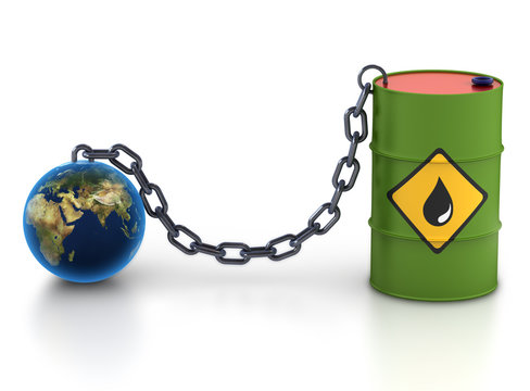 Earth chained by oil barrel. Industry bisness concept