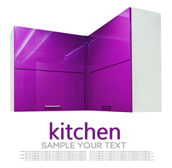 kitchen Cabinet with chipboard shelves with closed doors purple isolated on white background. Production of furniture production. The utensils and items for the kitchen. Text delete