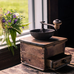 Traditional wooden coffee mill.