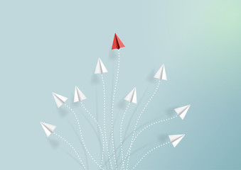 Paper airplanes flying on blue sky and cloud.Paper art style of business teamwork creative concept idea.Vector illustration