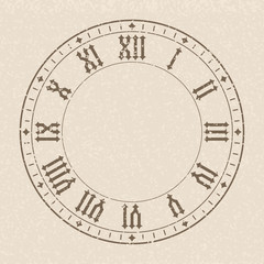 Vintage clockface with roman numerals on beige background