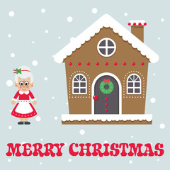 christmas cute house with cartoon mrs claus and text