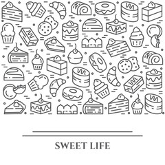 Cakes and cookies theme horizontal banner. Pictograms of pie, brownie, biscuit, tiramisu, roll and other dessert related elements Line out symbols Simple silhouette Editable stroke