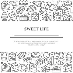 Cakes and cookies theme horizontal banner. Pictograms of pie, brownie, biscuit, tiramisu, roll and other dessert related elements Line out symbols Simple silhouette Editable stroke
