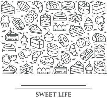 Cakes and cookies theme horizontal banner. Pictograms of pie, brownie, biscuit, tiramisu, roll and other dessert related elements Line out symbols Simple silhouette Editable stroke