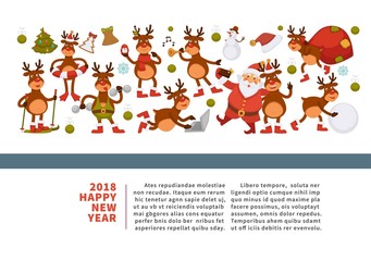 Merry Christmas and Happy New Year 2018 vector poster of deer or reindeer cartoon funny character celebrating holidays.