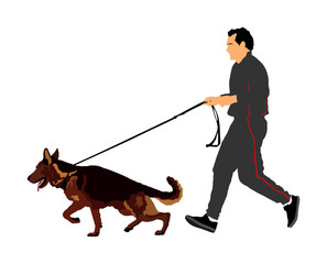Owner keeps the dog on the leash. German Shepherd running, champion dog vector illustration isolated. Dog show exhibition. Finder detects explosives and drugs. Rescue activity dog for finding survive.