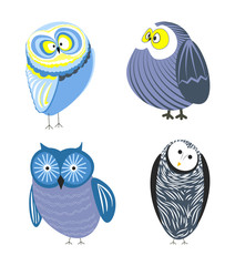 Owls cartoon kid funny characters with feather ornament.