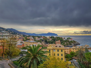 Beautiful landscapes city, villages, with the sea view and mountain in the day with dark clouds and storm clouds in nature background.