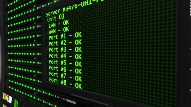 Modern working server room with rack servers. Cloud computing in datacenter, information storage, normal operation of computer equipment with flashing green light indicators. Seamless loopable element