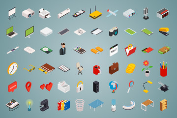 Big set of isometric volumetric of icons on a theme of computer technology and office equipment.