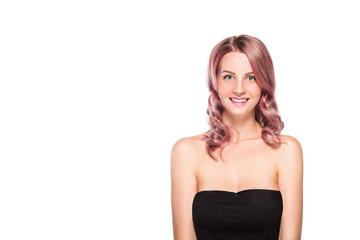 Portrait of beautiful female model on white background