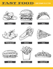 Fast food collection. Vector illustration of hand drawn food, including burger, hot dog, sandwich, pizza, french fries, nuggets, tacos and potato wedge, isolated on white.