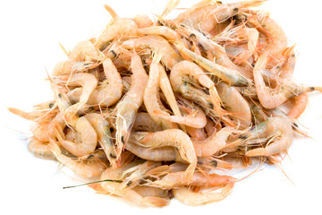 Pile of fresh shrimps isolated on white background.