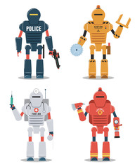 Robot character illustrations. Police, construction, medical, firefighter robot
