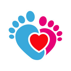 Icono plano corazon con pies infantiles rosa y azul en fondo blanco