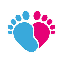Icono plano corazon pies infantiles rosa y azul en fondo blanco