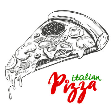 Italian pizza slice , Pizza design template, logo hand drawn vector illustration realistic sketch
