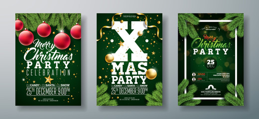 Vector Christmas Party Flyer Design with Holiday Typography Elements and Ornamental Ball, Pine Branch on Dark Green Background. Premium Celebration Poster Illustration Set for Your Event Invitation.