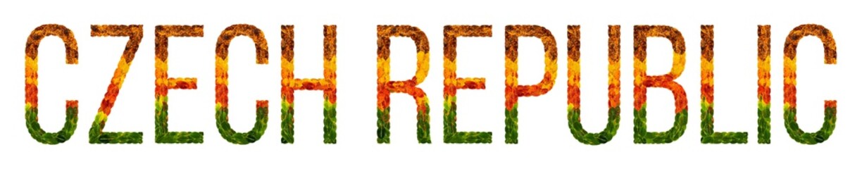 word czech republic country is written with leaves on a white insulated background, a banner for printing, a creative developing country colored leaves czech republic