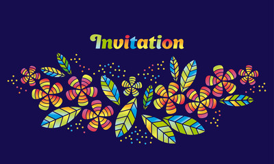 Tropical flowers and leaves simple and decorative vector element for surface design, invitation, header. Summer colorful cute style floral illustration on night background