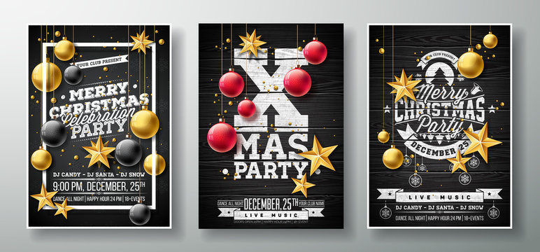 Vector Merry Christmas Party Flyer Illustration with Gold Cutout Paper Star, Glass Ball and Typography Element on Black Vintage Wood Background. Invitation Poster Template Set of Three Variation.