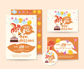 Cute Dragon Theme Happy Birthday Invitation Card Set And Flyer Illustration Template