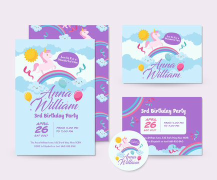 Cute Unicorn Theme Happy Birthday Invitation Card Set And Flyer Illustration Template