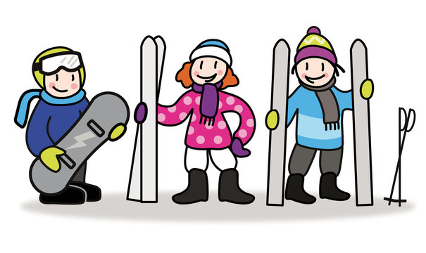 Kinder im Skiurlaub mit Skier und Snowboard