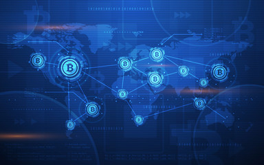 Fototapeta na wymiar Global Abstract Bitcoin Crypto Currency Blockchain Technology World Map Background Ultra HD Wallpaper Illustration