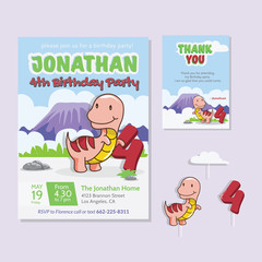 Cute Dinosaur Theme 4th Birthday Party Invitation And Thank You Card Illustration