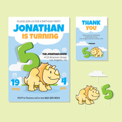 Cute Dinosaur Theme 5th Birthday Party Invitation And Thank You Card Illustration