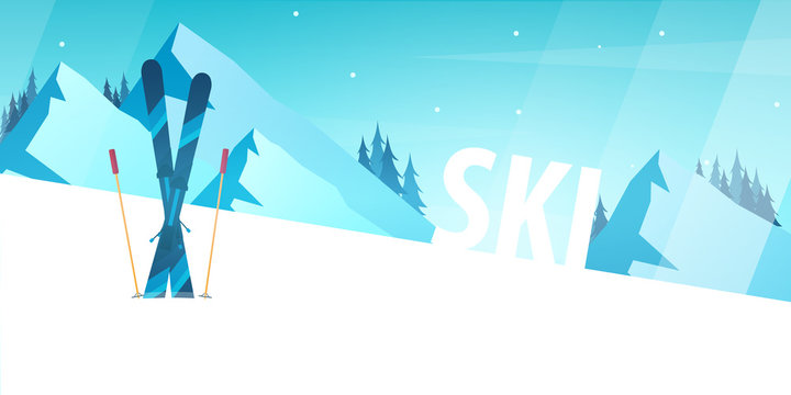 Winter Sport. Ski and Snowboard. Mountain landscape. Vector illustration.